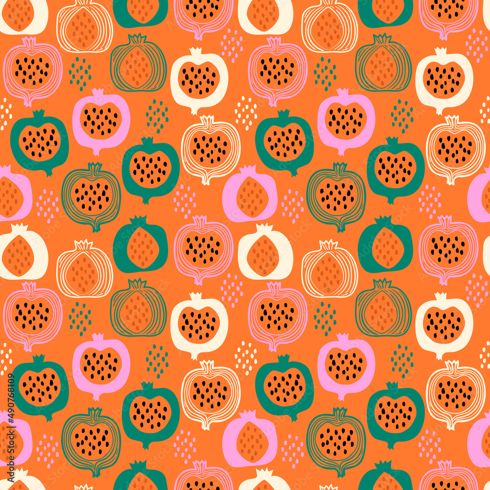 Seamless pattern with hand drawn pomegranates colorful summer vibes.Vector illustration EPS10 , Seamless pattern with hand drawn pomegranates colorful summer vibes.Vector illustration EPS10 ,