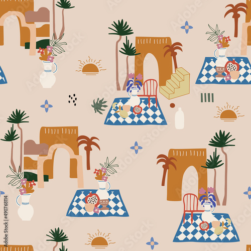 Cute Morocco Vibes and scenery  ,Marrakesh Inspired seamless pattern Vector EPS10,Design for fashion , fabric, textile, wallpaper, cover, web , wrapping