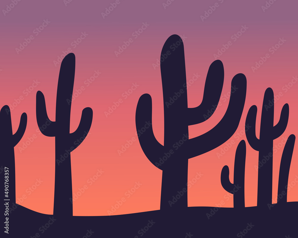 Cactus silhouette with gradient sunset sky, landscape illustration