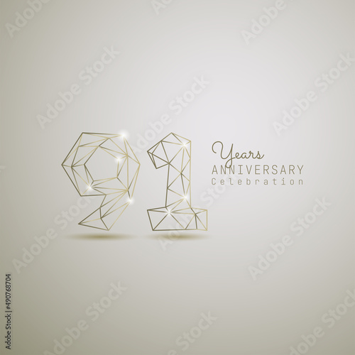 91 years anniversary logotype with gold wireframe low poly style. Vector Template Design Illustration.
