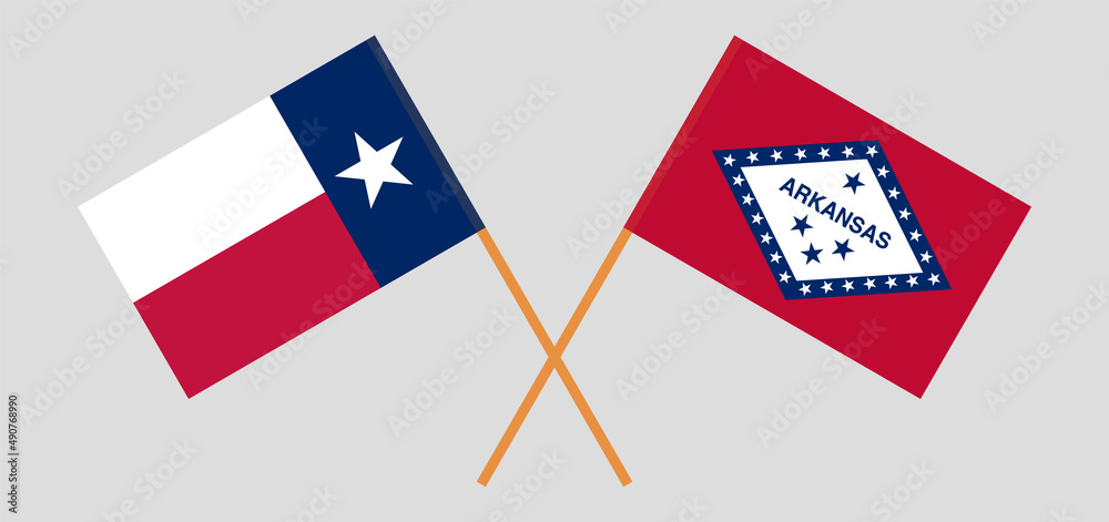 Crossed flags of the State of Texas and The State of Arkansas. Official colors. Correct proportion Crossed flags of the State of Texas and The State of Arkansas. Official colors. Correct proportion