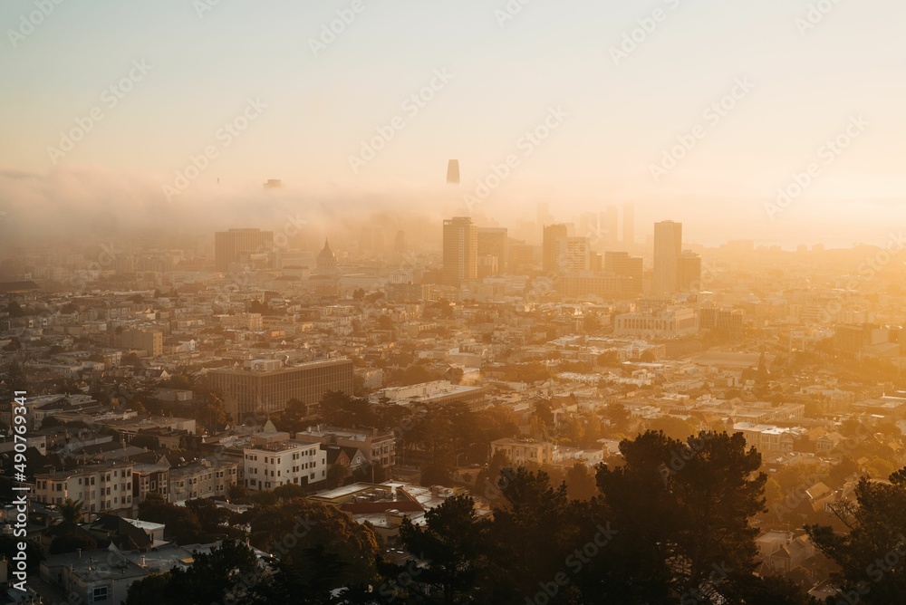 View of downtown at sunrise, from Corona Heights Park, in San Francisco, California