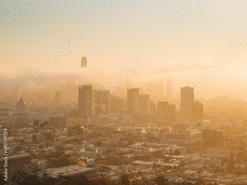 View of downtown at sunrise, from Corona Heights Park, in San Francisco, California