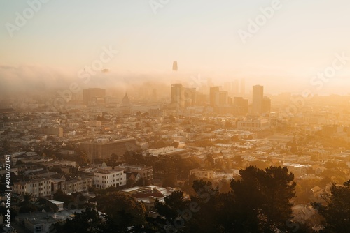 View of downtown at sunrise  from Corona Heights Park  in San Francisco  California