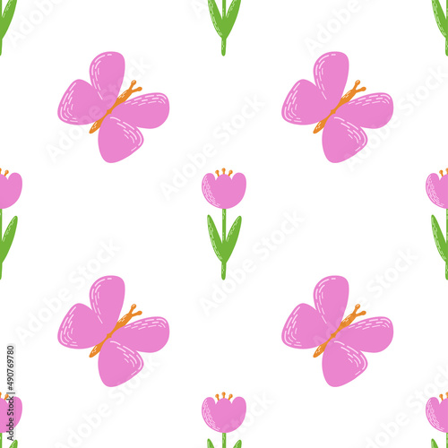 Floral seamless pattern with flower and butterfly. Scandinavian and folk design. Vector Illustration in pink and green colors for fabric, textile, background, wallpaper. © Iuliia