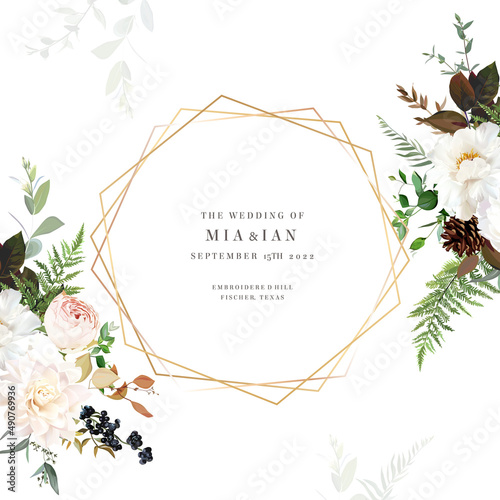 Blush pink rose, white peony, pine cone, beige dahlia flower vector design frame card