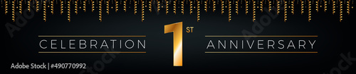 1st anniversary. One year birthday celebration horizontal banner with bright golden color.