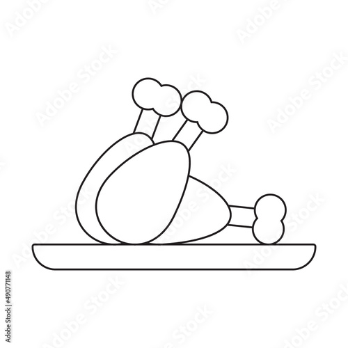 Plate with cooked chicken legs, black and white icon. Illustration
