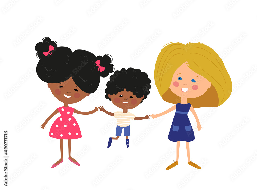 Two mothers are walking with a child. African American mother with son. International family.