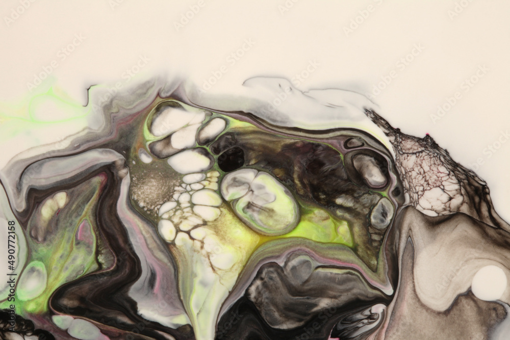 Obraz premium Art Abstract flow acrylic, ink and watercolor marble painting. Black and beige color wave texture blots background.