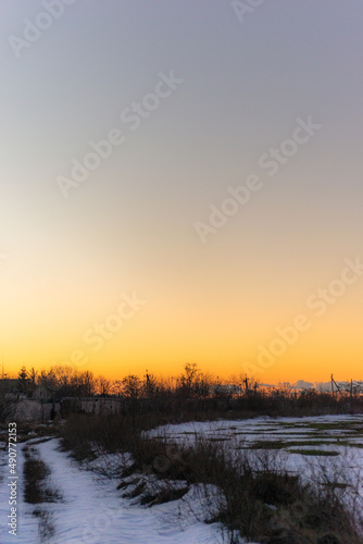 sunset in the snow forest in the night . Night landscape. Nightsky and clouds . Stars in the sky . Lights of the city . 