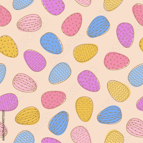 Seamless pattern with Easter decorated eggs. Line art colorful eggs on pink background.