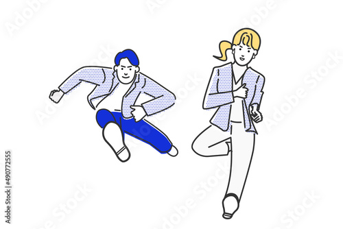 jハードルを超えるようにジャンプする若い男と女のビジネスマンのシンプルな線画のベクターイラスト