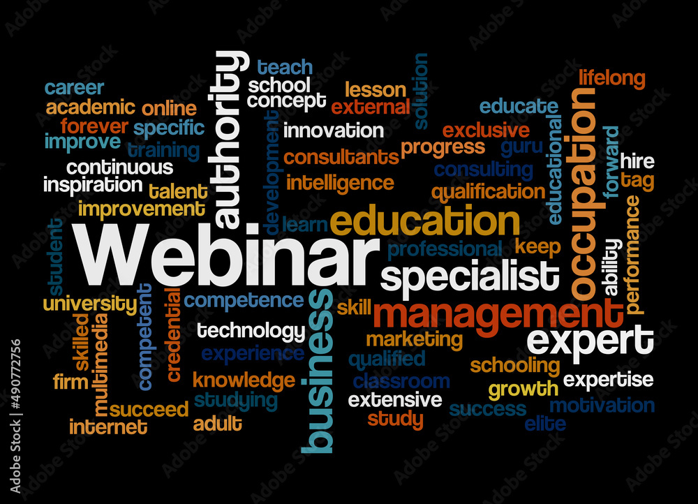 Word Cloud with WEBINAR concept, isolated on a black background Word Cloud with WEBINAR concept, isolated on a black background