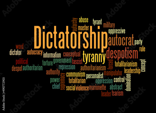 Word Cloud with DICTATORSHIP concept, isolated on a black background photo