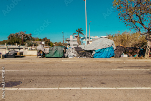 Homelessness in California, furniture and tents on the streets of Los Angeles.