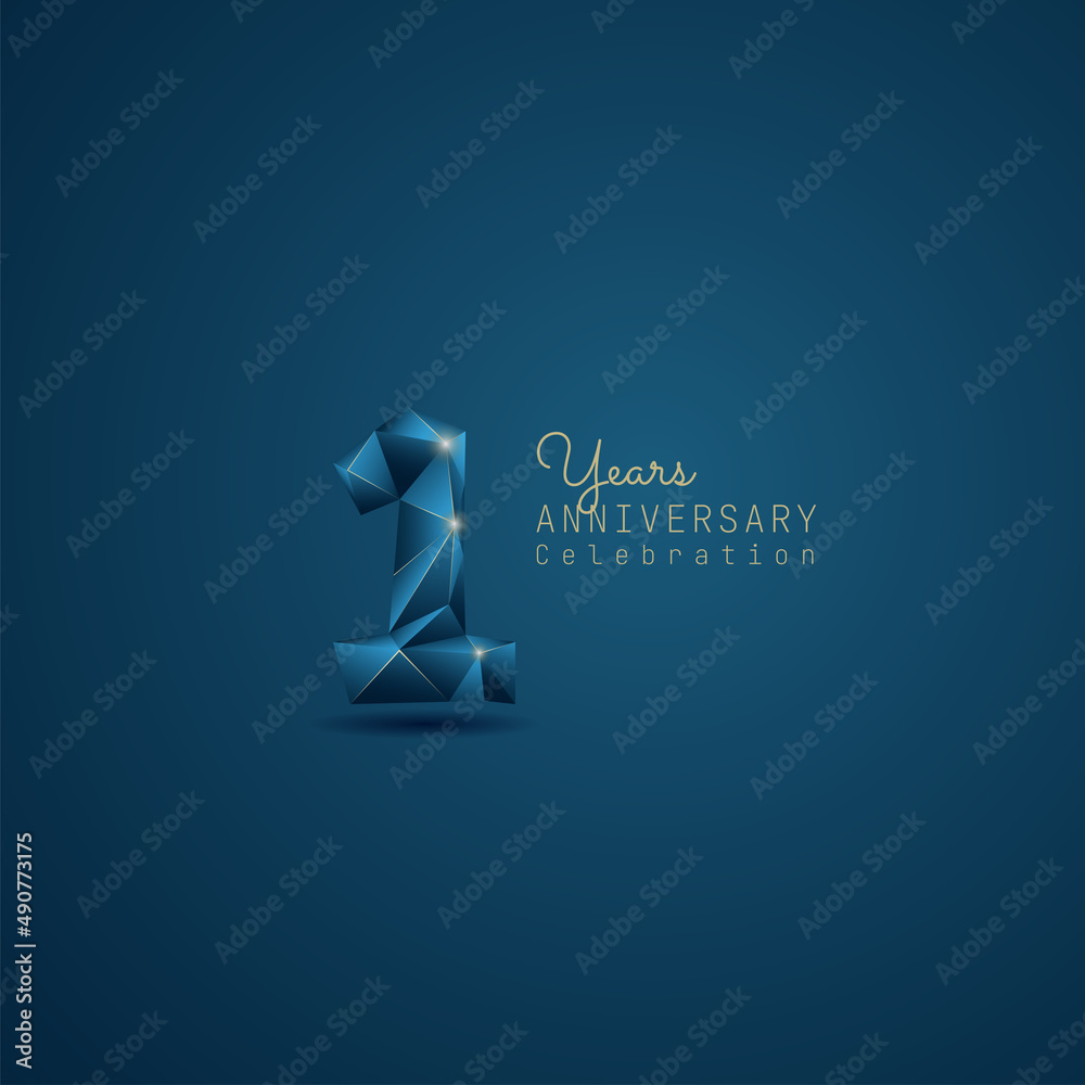 Fototapeta premium 1 year anniversary logotype with blue low poly style. Vector Template Design Illustration.