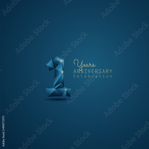 1 year anniversary logotype with blue low poly style. Vector Template Design Illustration.