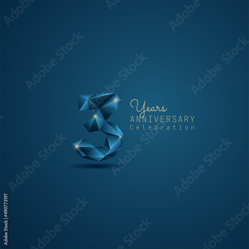 3 years anniversary logotype with blue low poly style. Vector Template Design Illustration.