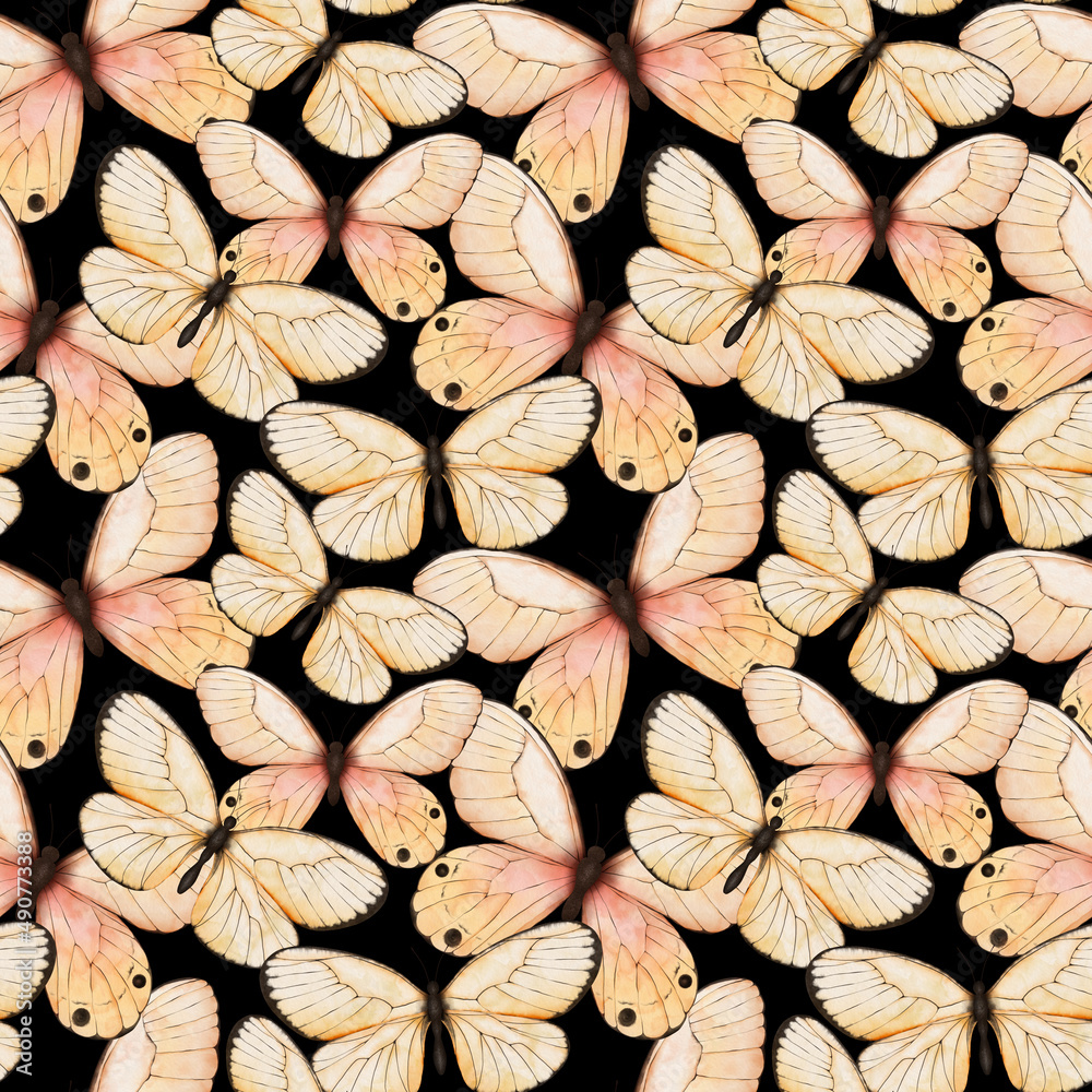 Fototapeta premium Watercolor tropic exotic butterfly seamless pattern. Spring background with butterfy for textile, wallpaper, greeting cards