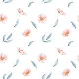 Watercolor rose hip or anemone pink flower and branches, leaves seamless pattern.