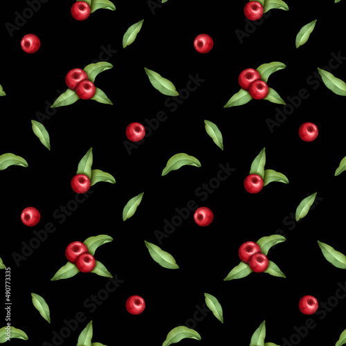 Watercolor wild berries seamless pattern. Background with rosehip berries and leaves. Design for poster, textiles, endless hand drawn texture