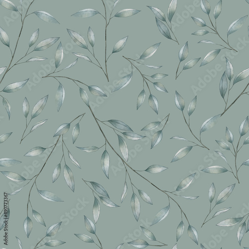 Eucalyptus twig and leaves watercolor spring seamless pattern