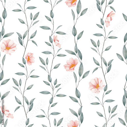 Seamless watercolor floral pattern, leaves, pink flowers and branches background for textile, packaging, wallpaper