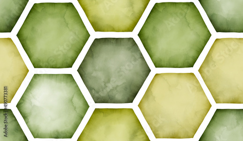 Watercolor geometrical honeycomb seamless pattern. Wallpaper in shades of green