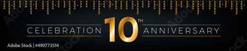 10th anniversary. Ten years birthday celebration horizontal banner with bright golden color.