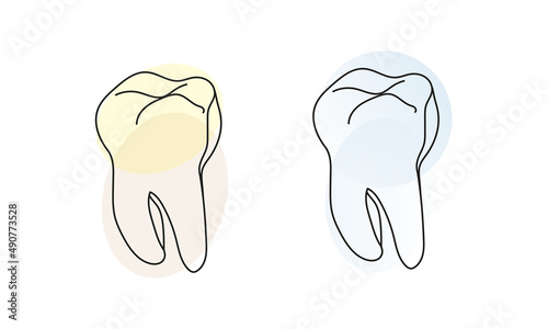 Teeth whitening illustration, linear drawing of teeth yellow and pure white
