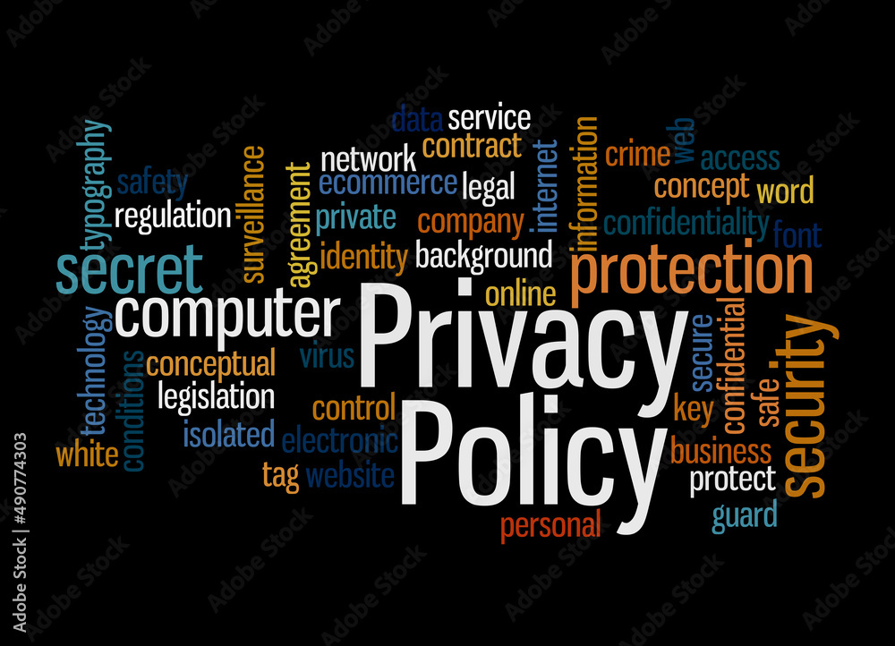 Word Cloud with PRIVACY POLICY concept, isolated on a black background Word Cloud with PRIVACY POLICY concept, isolated on a black background