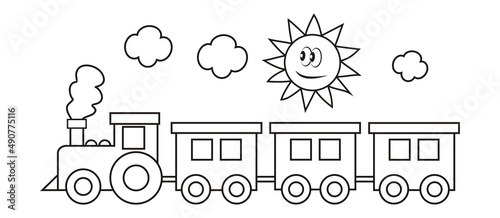 train and sad sun, coloring page, vector illustration,