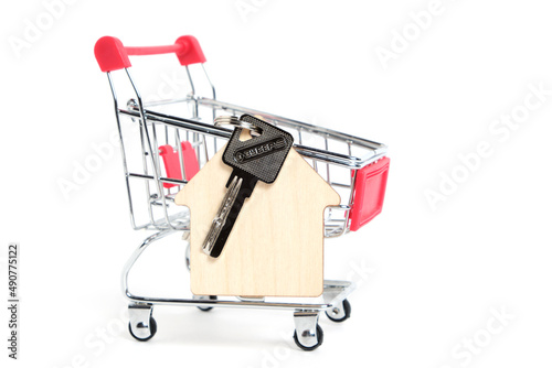 Shopping cart and keychain in the form house with keys white background.Purchase housing and real estate.