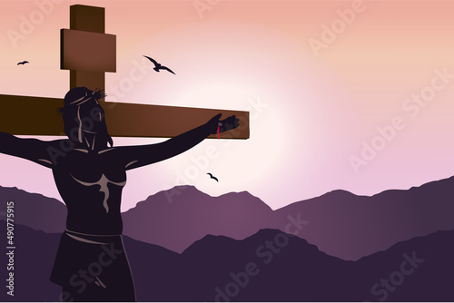 Way to the Cross. Jesus dies on the cross biblical vector illustrations. Crucifixion of Jesus Christ. Easter banner with plase for text. Easter biblical story. photo