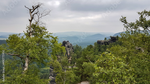 Misty view from the Schrammsteine rocks vantage point, Saxony, Germany photo