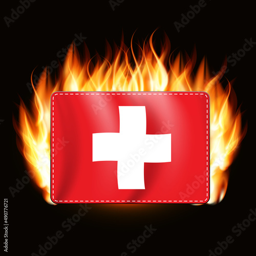 Concept Switzerland flag on fire background. Country emblem. Illustration