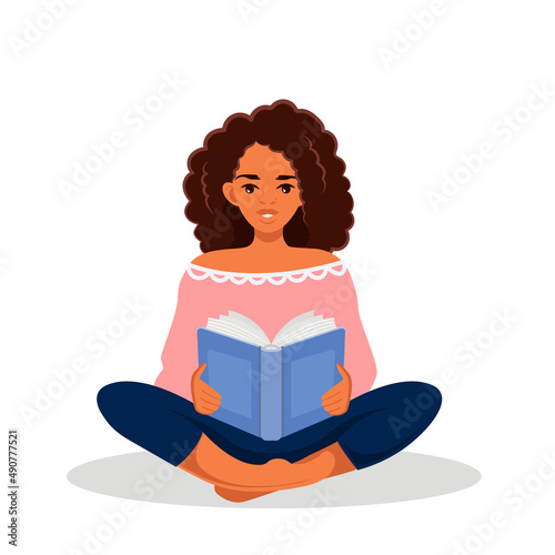 An African American woman sits in a lotus position and reads a book. Learning, reading, self-development. Vector illustration in cartoon style
