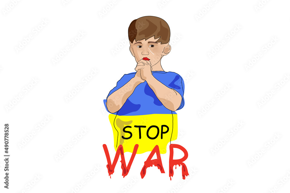 Conceptual drawing with little boy, child saying to stop war in Ukraine isolated over white background Conceptual drawing with little boy, child saying to stop war in Ukraine isolated over white background