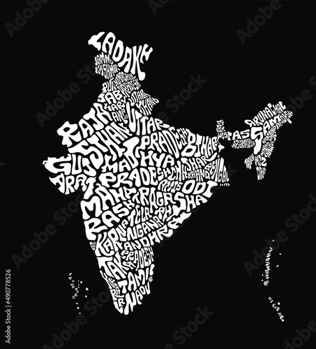 India map with all india states typography names art. India map art texture in english. Black and white india typography map illustration.