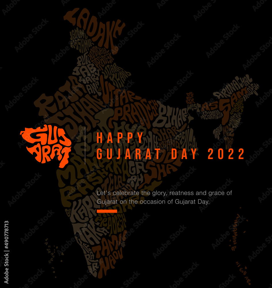 Happy Gujarat Day 2022 Greetings with gujarat map lettering. Indian states and glowing Gujarat map typography. - obrazy, fototapety, plakaty 