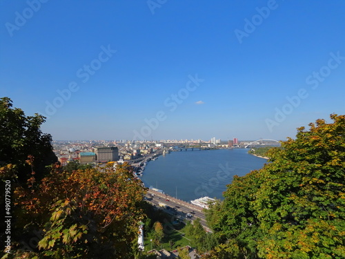 Beautiful panoramic view of the left bank of the Dnieper in the capital of Ukraine in Kyiv. © Olha Petrash