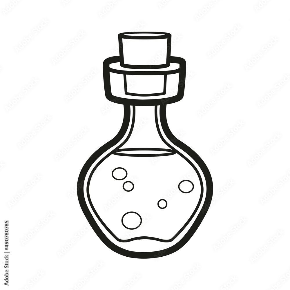 Small glass jar with magic potion outlined for coloring page on white background Small glass jar with magic potion outlined for coloring page on white background