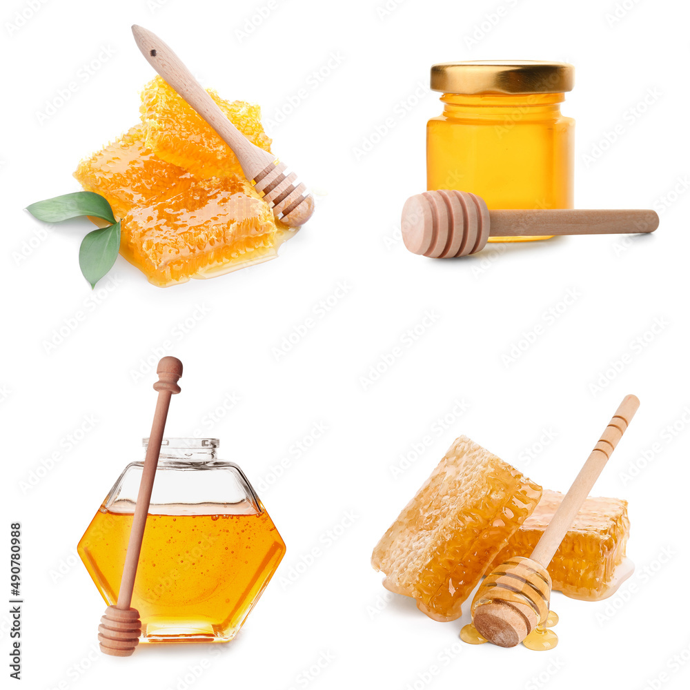Jars of sweet honey with dippers and honeycombs on white background Jars of sweet honey with dippers and honeycombs on white background