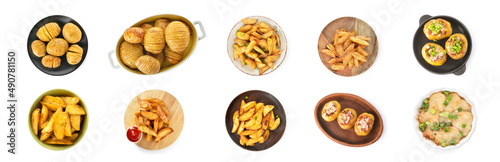 Photography Set of delicious potato dishes on white background, top view