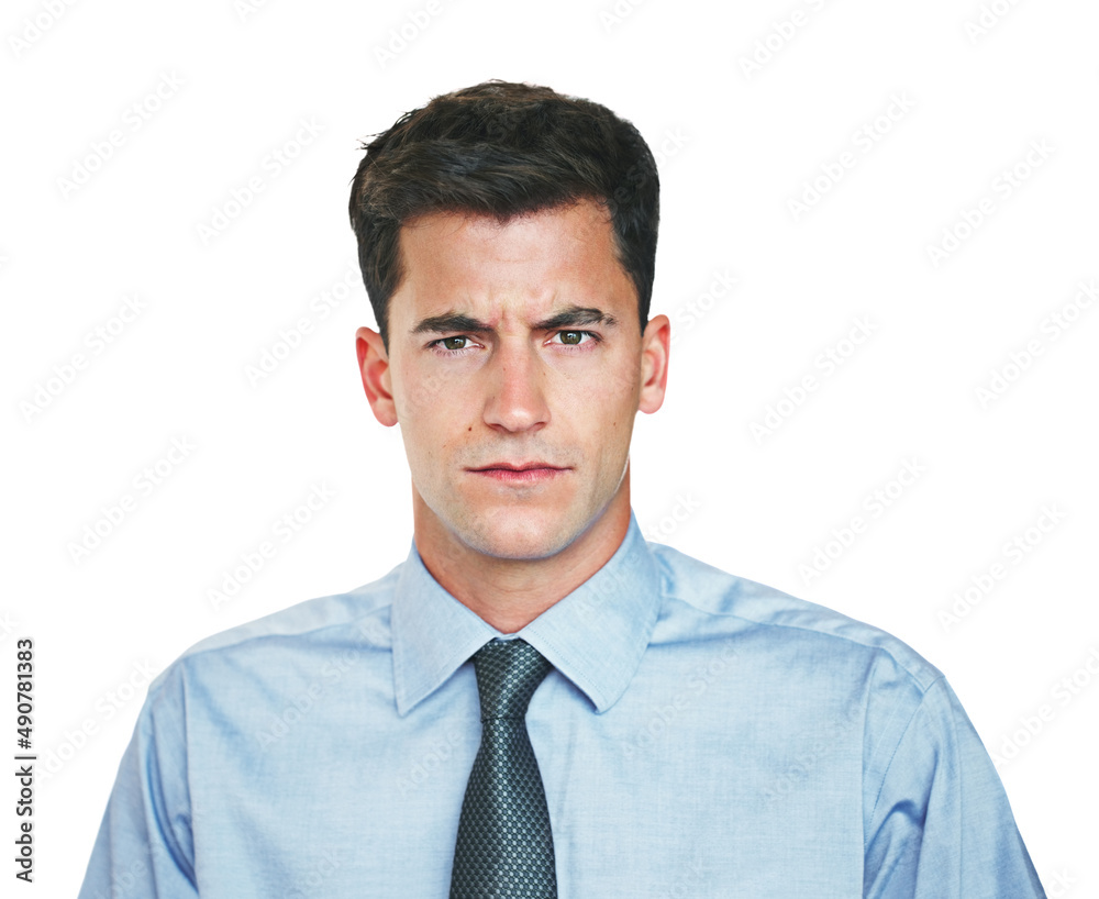 Taking his business seriously. Studio portrait of a young businessman frowning against a white background. Taking his business seriously. Studio portrait of a young businessman frowning against a white background.