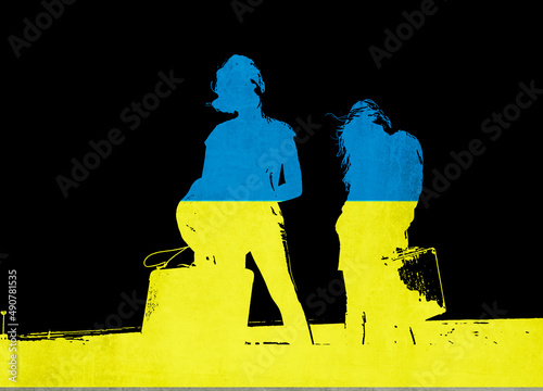 Illustration of refugee childe with Ukraine colors inside photo