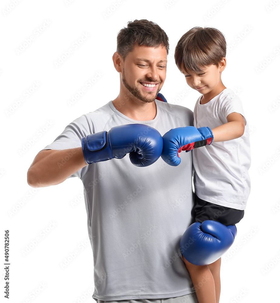 Boxing trainer with little boy on white background Boxing trainer with little boy on white background