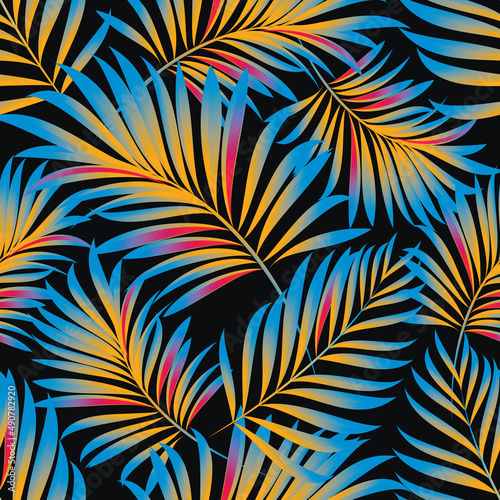 Palm. Seamless pattern with branches and leaves of tropical plants.Vector image. 