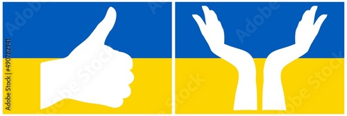 Thumb up against the national colors of the flag of Ukraine.